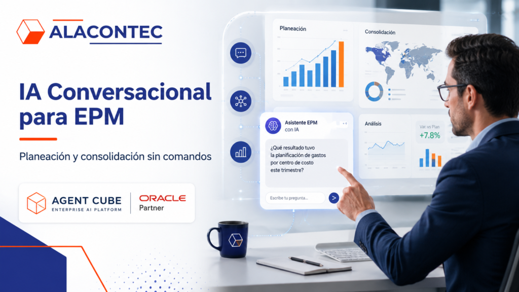 Ejecutivo financiero interactuando con un sistema de Oracle EPM conversacional impulsado por IA para consultar planeación y consolidación en lenguaje natural.