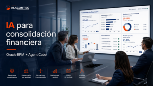 Ejecutivo financiero consultando con lenguaje natural resultados de consolidación financiera en un sistema Oracle EPM impulsado por IA y Agent Cube.