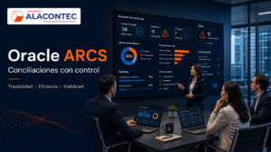 Equipo financiero revisando conciliaciones contables y cierre financiero en una pantalla corporativa de Oracle ARCS con el logotipo de ALACONTEC.