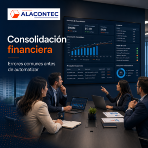 Equipo financiero revisando errores comunes de consolidación financiera, reglas de cierre y datos corporativos en una pantalla de Oracle EPM con el logotipo de ALACONTEC.