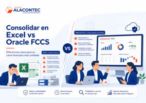 Visual de ALACONTEC sobre consolidar en Excel vs Oracle FCCS, mostrando la comparación entre un proceso manual con hojas de cálculo y una plataforma de consolidación financiera con datos centralizados, validaciones, reportes, trazabilidad y mayor control para el cierre financiero.