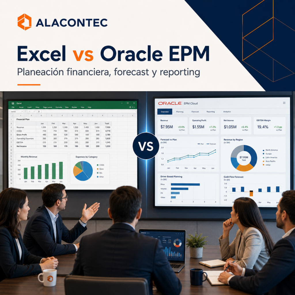 Equipo financiero comparando hojas de cálculo de Excel contra un tablero de Oracle EPM para planeación financiera, forecast y reporting con el logotipo de ALACONTEC.