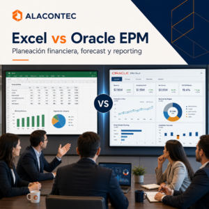 Equipo financiero comparando hojas de cálculo de Excel contra un tablero de Oracle EPM para planeación financiera, forecast y reporting con el logotipo de ALACONTEC.