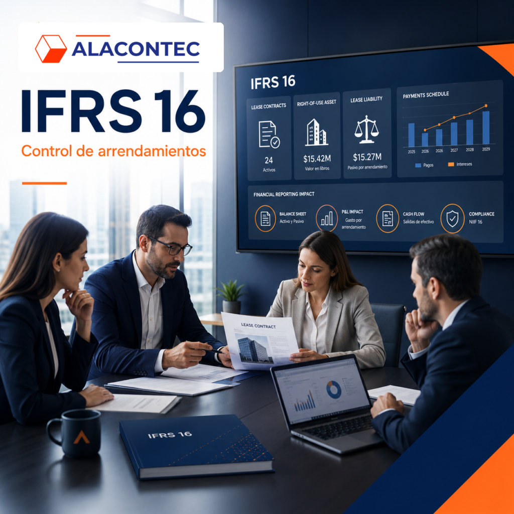 Equipo financiero revisando contratos de arrendamiento, activos por derecho de uso y pasivos financieros bajo IFRS 16 en una pantalla corporativa con el logotipo de ALACONTEC.