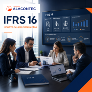 Equipo financiero revisando contratos de arrendamiento, activos por derecho de uso y pasivos financieros bajo IFRS 16 en una pantalla corporativa con el logotipo de ALACONTEC.