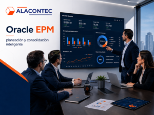 Equipo financiero revisando errores comunes de consolidación financiera, reglas de cierre, eliminaciones intercompañía y datos corporativos en una pantalla de Oracle EPM con el logotipo de ALACONTEC.