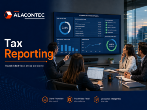 Equipo financiero revisando información fiscal, cierre financiero y trazabilidad de impuestos corporativos en una pantalla de Tax Reporting con el logotipo de ALACONTEC.