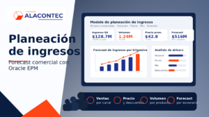 Equipo financiero revisando planeación de ingresos, drivers comerciales, forecast y escenarios en Oracle EPM con el logotipo de ALACONTEC.